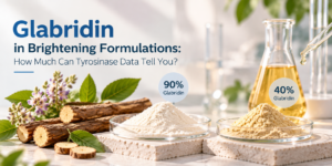 Glabridin 90% and 40% cosmetic ingredient powders displayed with licorice roots and laboratory glassware.