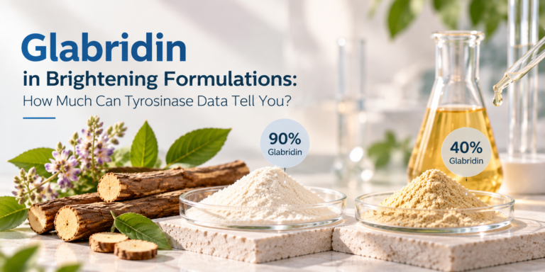Glabridin 90% and 40% cosmetic ingredient powders displayed with licorice roots and laboratory glassware.